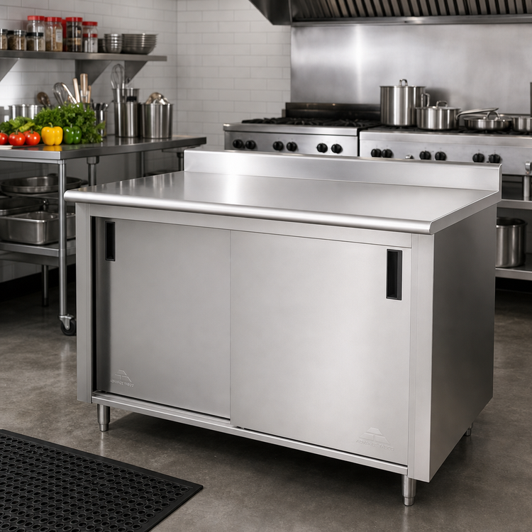 Product image #2 for Advance Tabco 48" x 30" Cabinet Base Enclosed Work Table with Sliding Doors and 14 Gauge 304 Stainless Steel Top