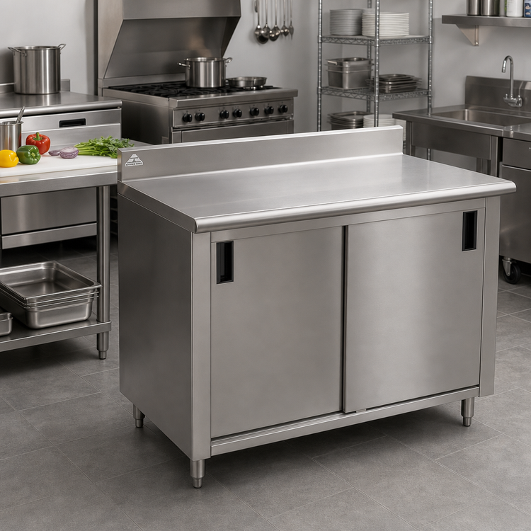 Product image #2 for Advance Tabco Enclosed Work Table with Cabinet Base and Sliding Doors, 48 x 30 Inches, 14-Gauge 304 Stainless Steel Top, 5-Inch Backsplash