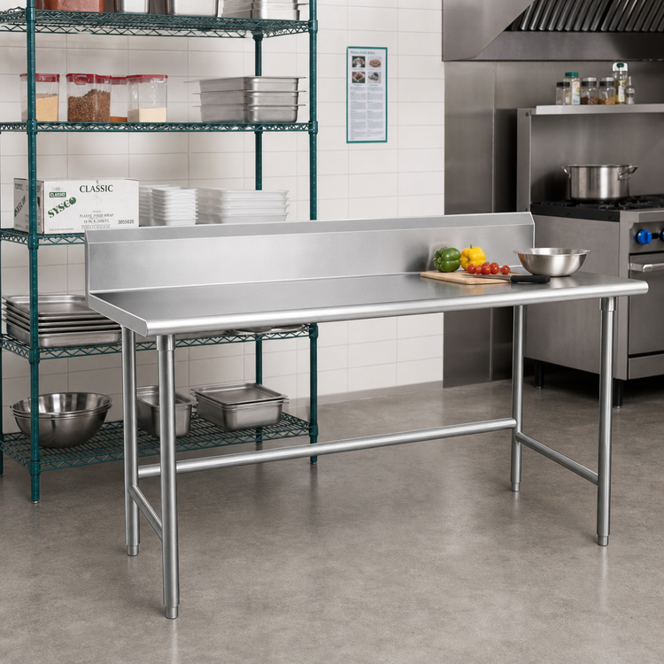 Product image #2 for Advance Tabco 72" x 36" 14-Gauge 304 Stainless Steel Work Table with 10" Backsplash and Galvanized Open Base
