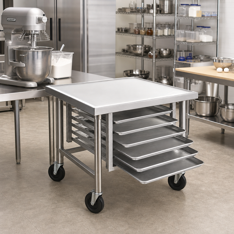 Product image #2 for Advance Tabco 30-Inch x 30-Inch Mobile Stainless Steel Mixer Table with 6-Pan Rack