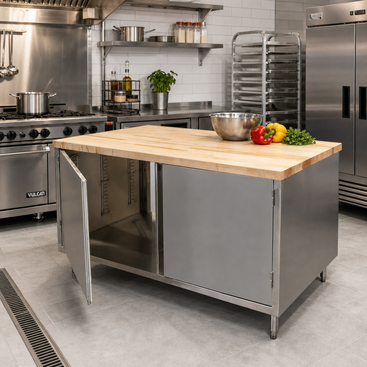 Product image #2 for BK Resources 60" x 30" Dual-Access Hard Maple Top Chef Table with Stainless Steel Cabinet Base