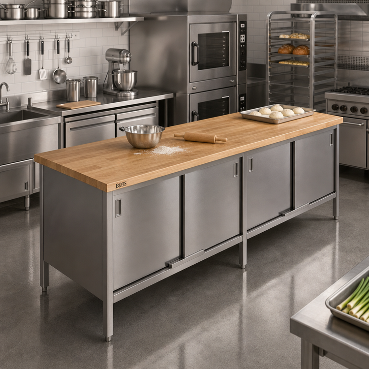 Product image #2 for John Boos Enclosed Base Wood Top Work Table with Sliding Doors, 120 in. x 30 in., 1-3/4 in. Maple Top, Stainless Steel Base