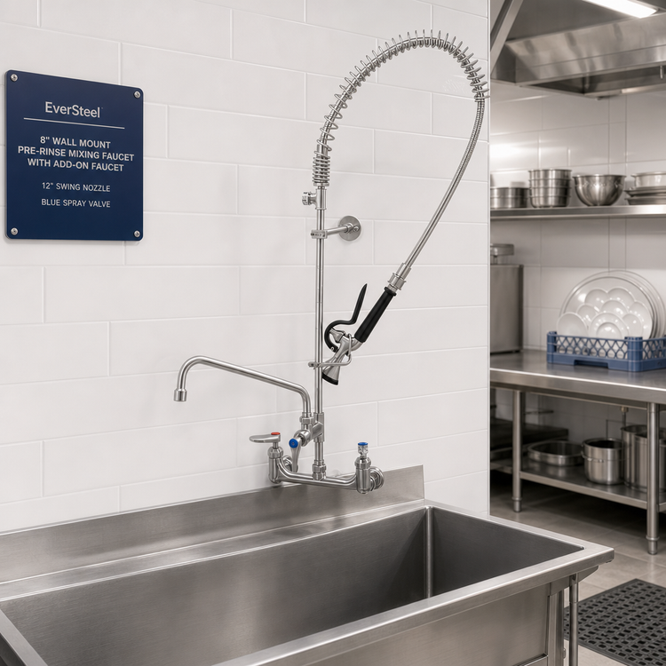 Product image #2 for EverSteel 8-Inch Wall Mount Pre-Rinse Mixing Faucet with Add-On Faucet, 12-Inch Swing Nozzle and Blue Spray Valve