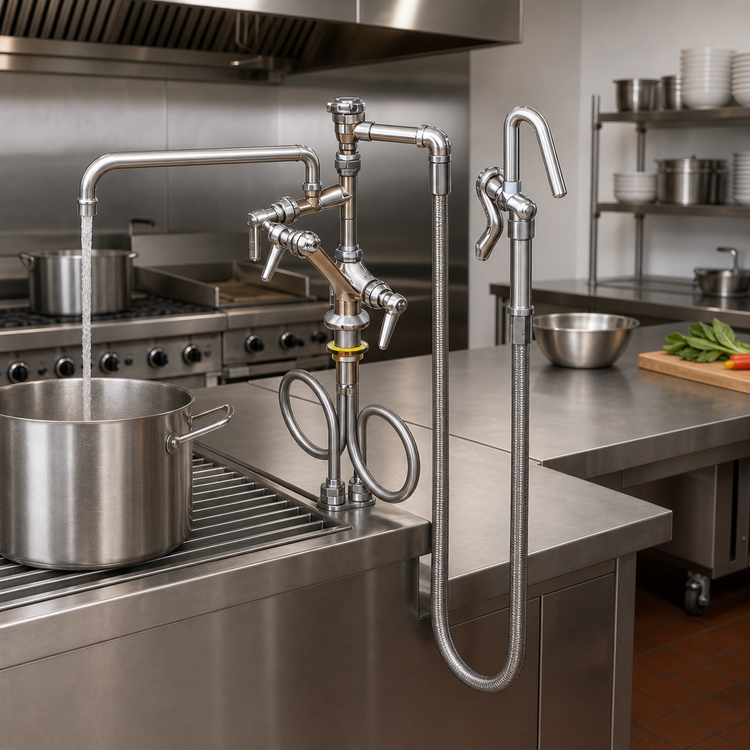 Product image #2 for Deck-Mount Single-Hole Mixing Pot and Kettle Filler Faucet with 12-Inch VB Swing Nozzle and 60-Inch Hose