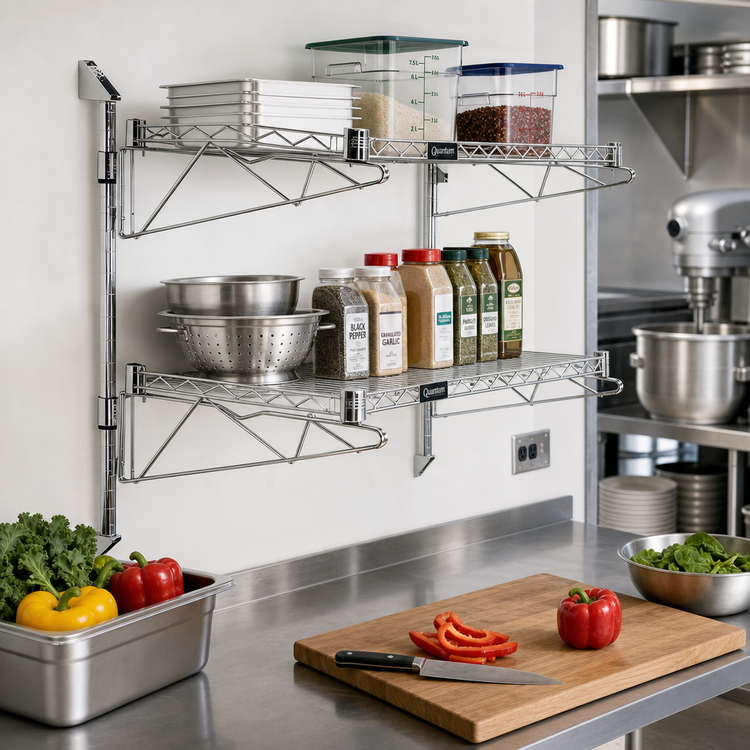 Product image #2 for Quantum Cantilever Double-Shelf Post Wall-Mount Wire Shelving Unit, 2 x 60 x 12 Inch Shelves, Chrome Plated
