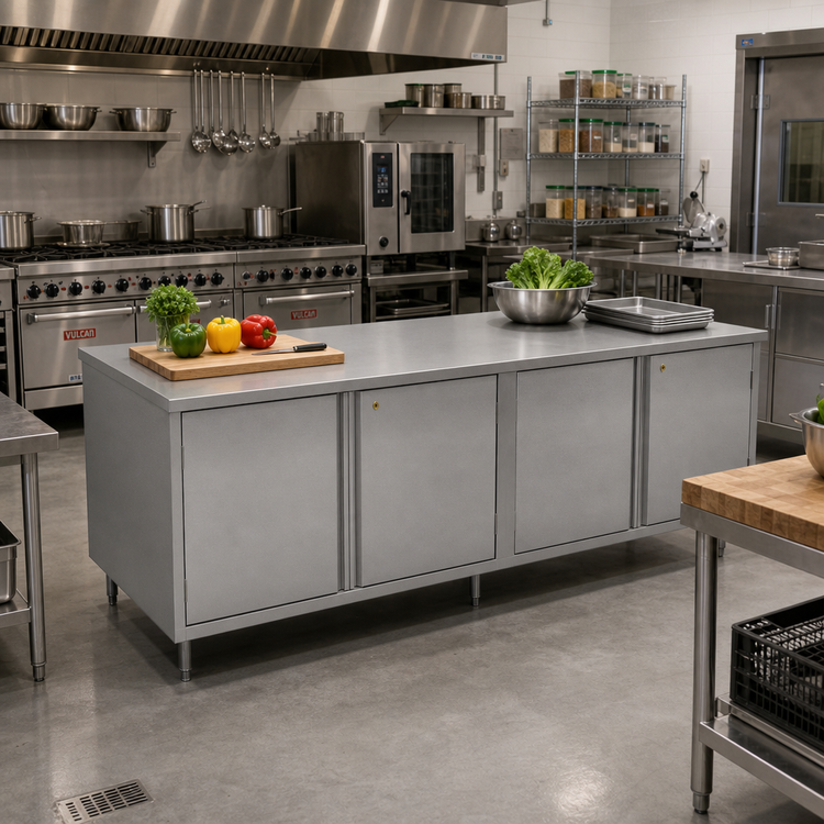 Product image #2 for 96 Inch x 36 Inch Stainless Steel Chef Table with Cabinet Base and Hinged Locking Doors
