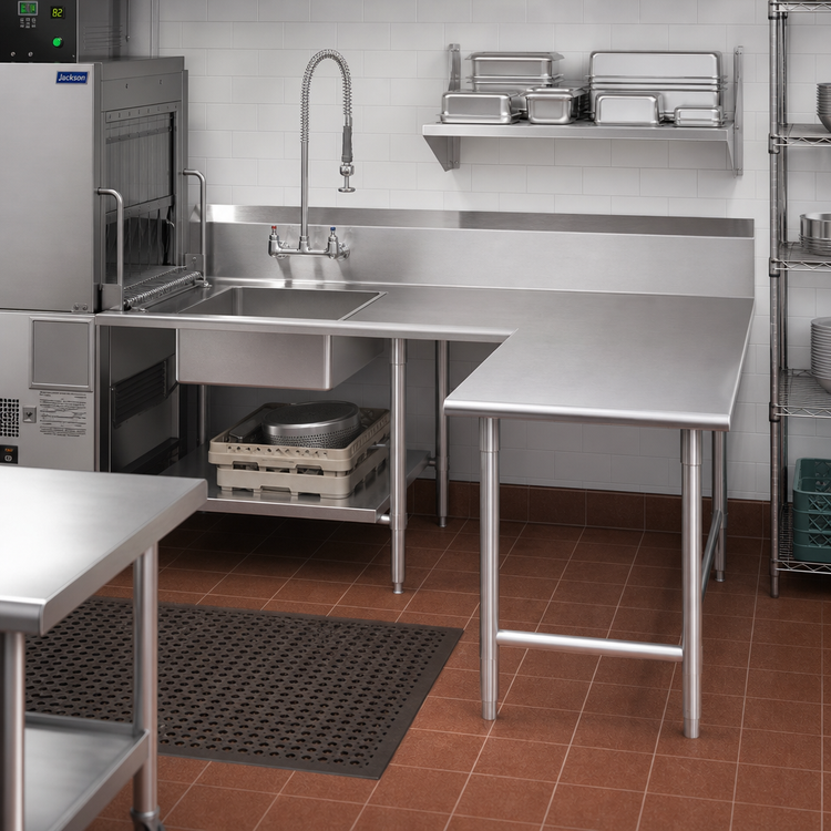 Product image #2 for John Boos Pro-Bowl L-Shaped Soiled Dishtable with Landing Shelf, Right-To-Left, 70-Inch Machine-to-Corner, 96-Inch Corner-to-End, 20 x 20 x 8 Bowl