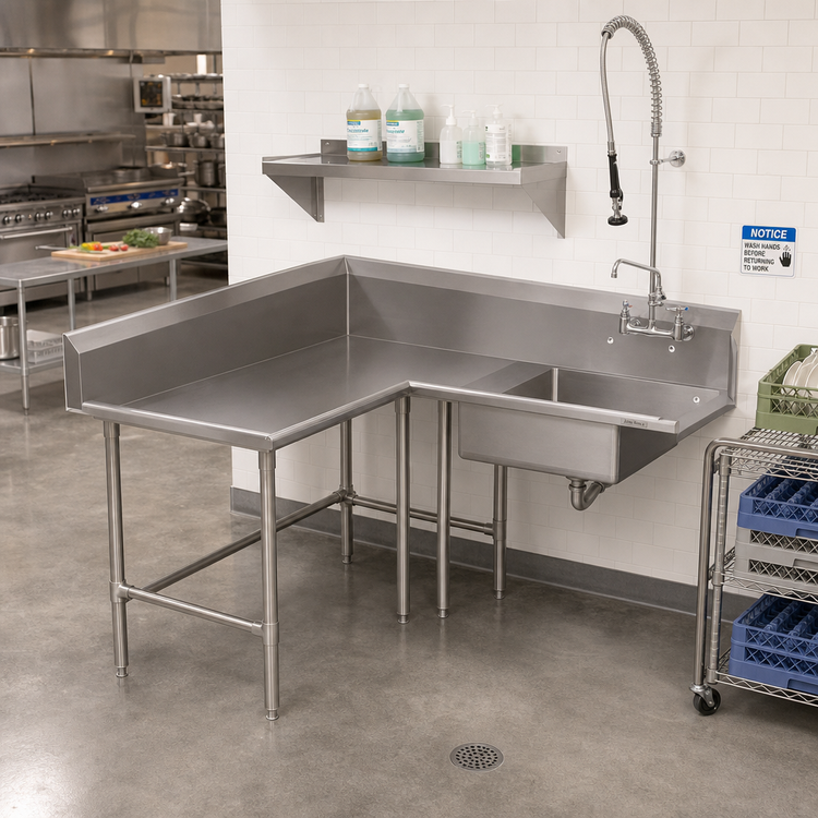Product image #2 for John Boos Pro-Bowl L-Shaped Corner Soiled Dishtable with 20" x 20" x 8" Pre-Rinse Sink Bowl, Left-to-Right, 60" x 96"