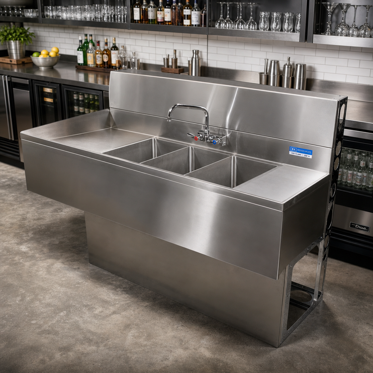Product image #3 for BK Resources Slim-Line 3-Compartment Underbar Sink with Left and Right Drainboards
