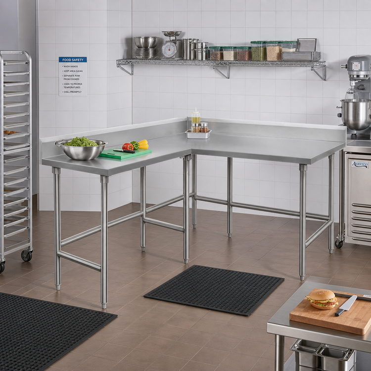 Product image #2 for Advance Tabco KTMS-307 L-Shaped Stainless Steel Corner Work Table with 5" Backsplash, 84" x 60", 30" Deep