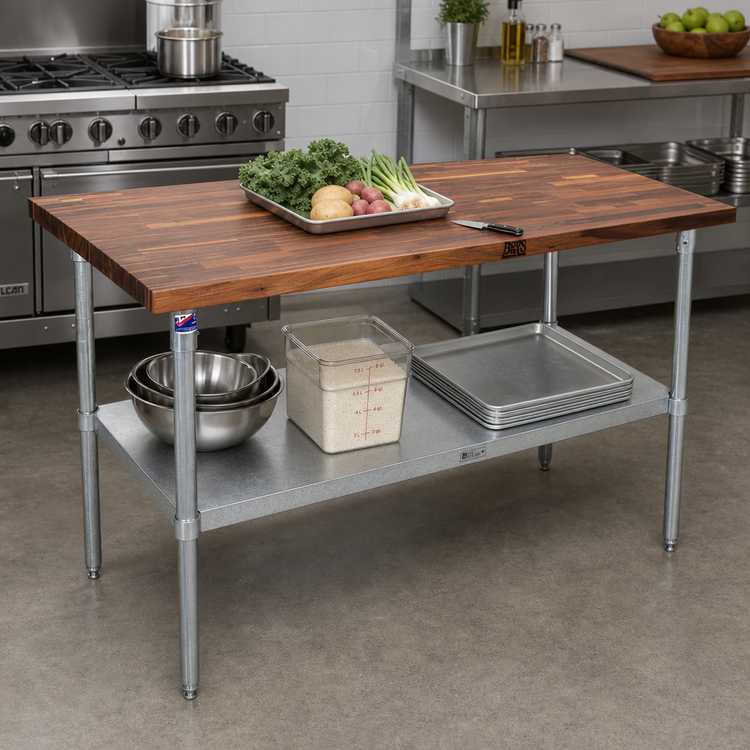 Product image #2 for John Boos 60-Inch x 24-Inch x 35-Inch Wood Top Work Table with Adjustable Undershelf, American Black Walnut, Galvanized Legs