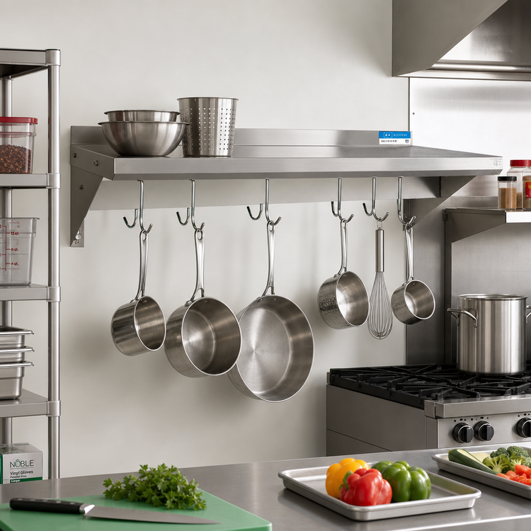 Product image #2 for BK Resources Economy Wall-Mount Pot Rack Overshelf, 48 Inch W x 12 Inch D, 18-Gauge 430 Stainless Steel