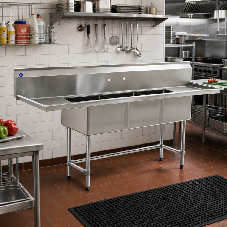 Product image #2 for BlendPort® BPFC Series 3-Compartment 304 Stainless Steel Sink with 28" x 20" Bowls and Dual 30" Drainboards