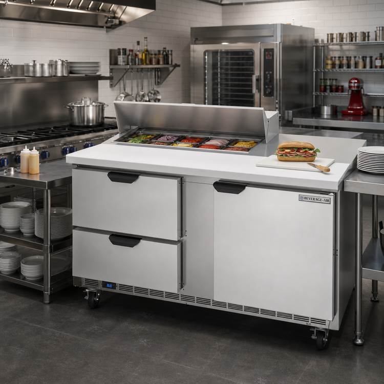 Product image #3 for Beverage-Air Two-Section 60-Inch Sandwich Prep Table Refrigerated Counter with 10-Pan Top, Drawers, and Door