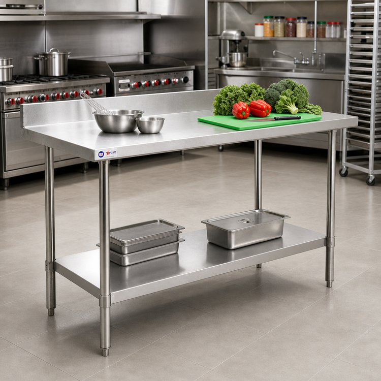 Product image #2 for Omcan USA 72-Inch x 30-Inch 20-Gauge 430 Stainless Steel Work Table with 4-Inch Backsplash and Undershelf