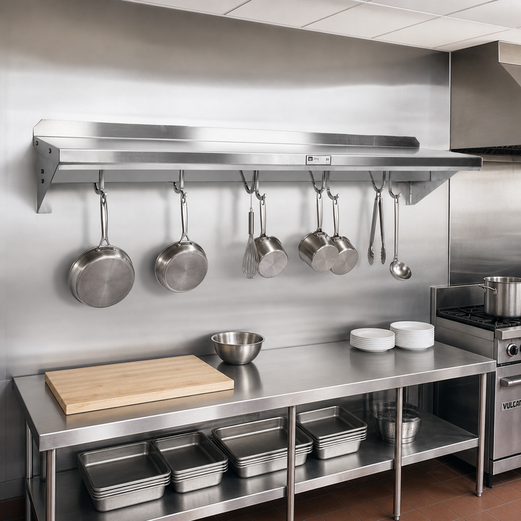 Product image #2 for John Boos Stallion 132-Inch Wall-Mounted Pot Rack Shelf, 14-Gauge Stainless Steel