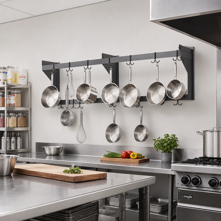 Product image #2 for Eagle Group 108-Inch Wall-Mount Double-Bar Aluminum Pot Rack with 18 Hooks
