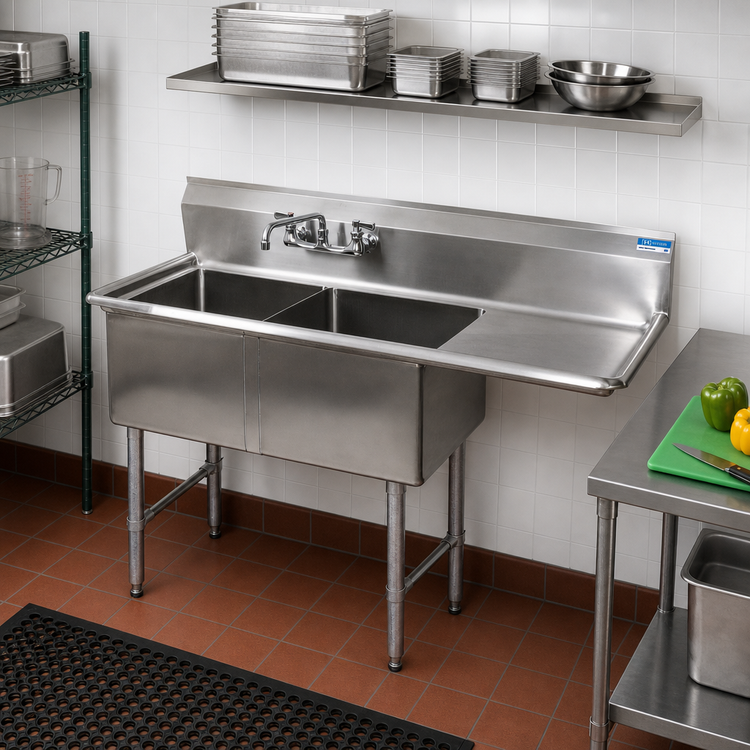 Product image #2 for BK Resources Two Compartment Stainless Steel Sink with 24-Inch Right-Hand Drainboard and 10-Inch Backsplash