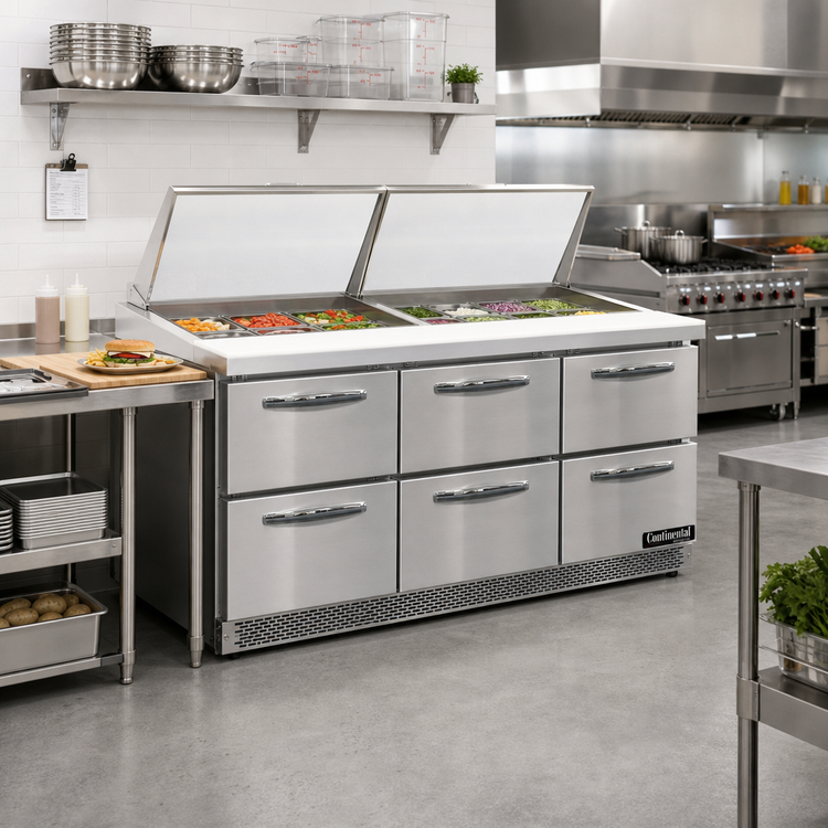 Product image #2 for Mighty Top SW72N30M-FB-D 72" Three-Section Refrigerated Sandwich Prep Table with 6 Drawers