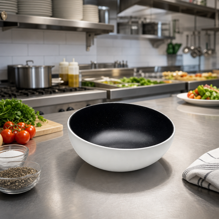 Product image #2 for Lift 40 oz. 8-1/2 Inch Round Angled Melamine Bowl, White with Black Speckles