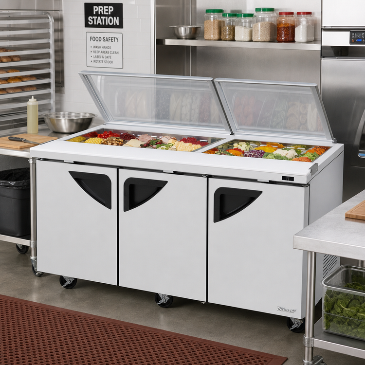 Product image #2 for Turbo Air Super Deluxe 72-5/8-Inch Three-Section Glass Lid Sandwich/Salad Prep Table, 18-Pan Capacity