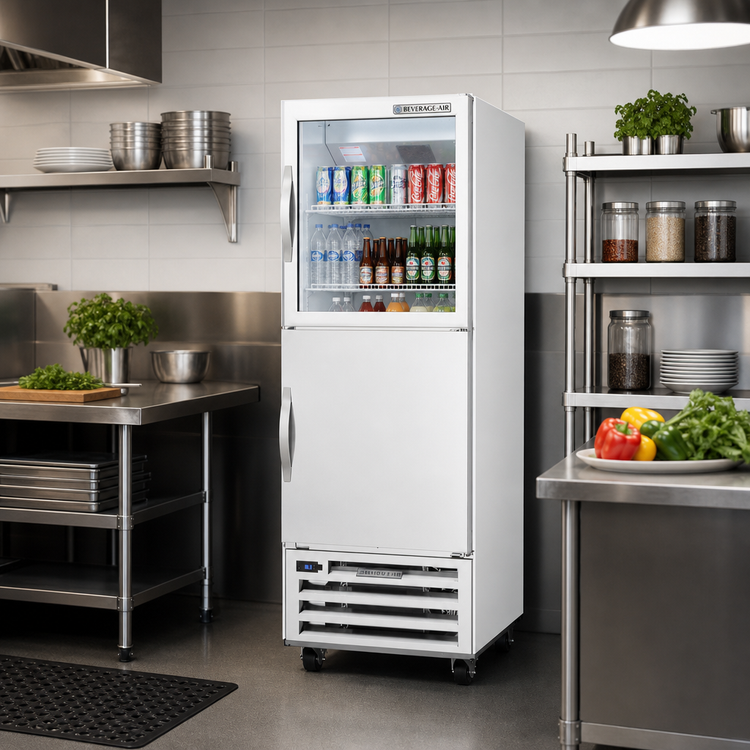 Product image #2 for Beverage-Air RI18HC-HGS One-Section Reach-In Refrigerator with Glass/Solid Half Doors, 16.85 Cu. Ft., Bottom-Mounted Self-Contained Refrigeration