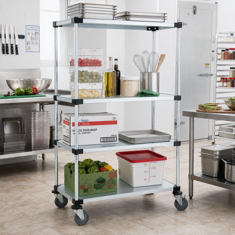 Product image #2 for Quantum 4-Shelf Mobile Shelving Cart with Solid Galvanized Steel Shelves, 48 x 18 x 80 Inches