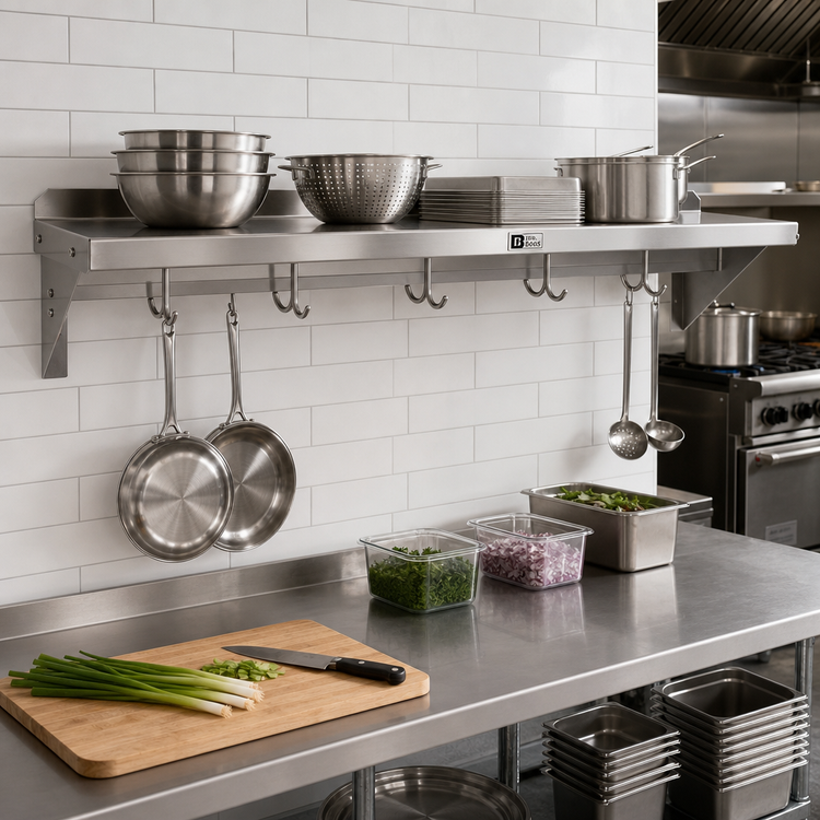 Product image #2 for John Boos Stallion 24-Inch Stainless Steel Wall Shelf with Pot Rack and 2 Hooks