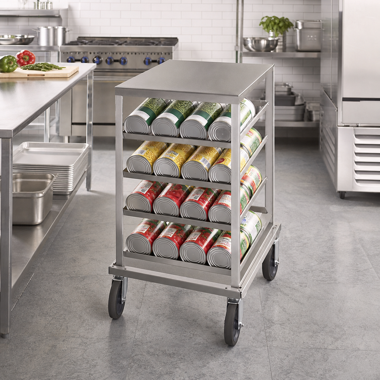 Product image #2 for Advance Tabco Low-Profile Mobile Half-Size Can Rack with Stainless Steel Top, 54 #10 or 72 #5 Can Capacity