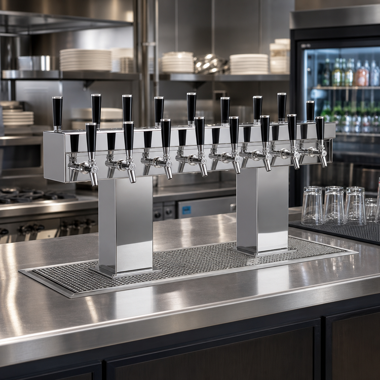 Product image #2 for Perlick Back-to-Back Bridge Tee Extra High Countertop Glycol-Cooled Draft Beer Tower, 36 Faucets, Polished Chrome