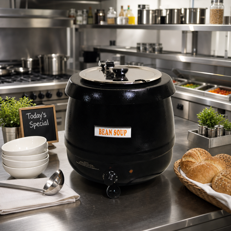 Product image #2 for Omcan 10.6 Qt Countertop Soup Kettle with Metal Lid, 110V, Black