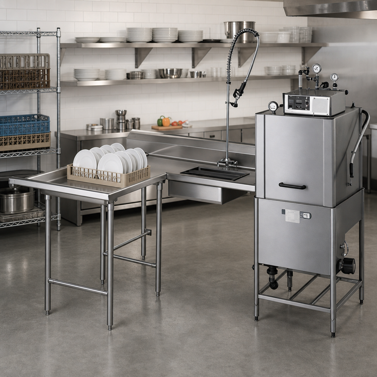 Product image #2 for Eagle Group Island Soiled Dishtable with Dish Landing Shelf and Pre-Rinse Sink, 66-Inch Machine-to-Corner / 60-Inch Corner-to-End, Right-to-Left Operation