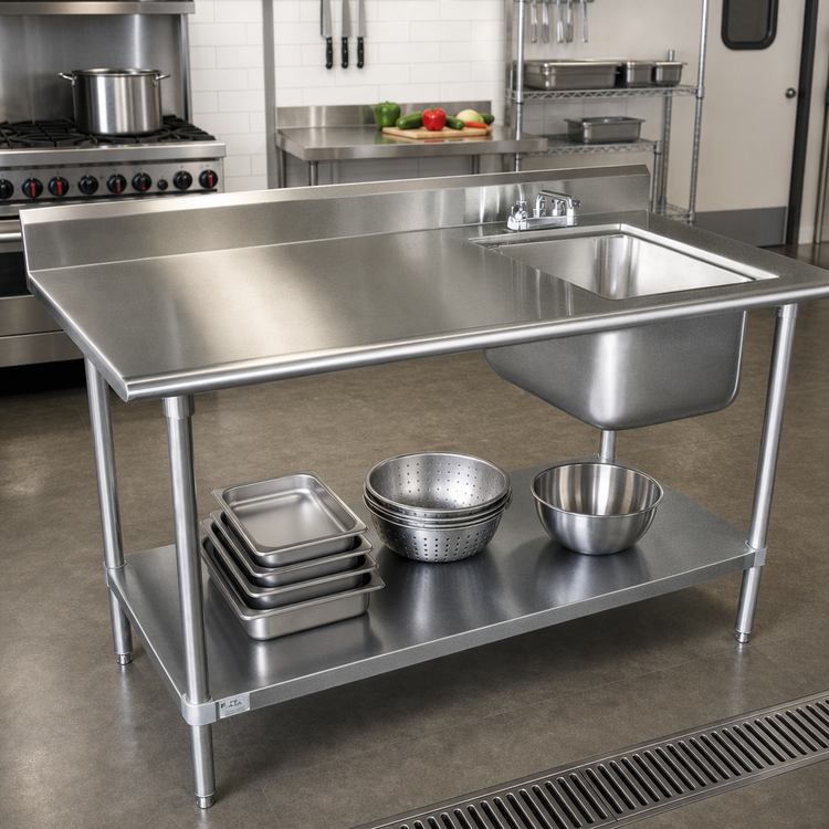 Product image #2 for Advance Tabco Special Value Series 60-Inch x 30-Inch 430 Stainless Steel Work Table with Right-Side Prep Sink and Galvanized Undershelf