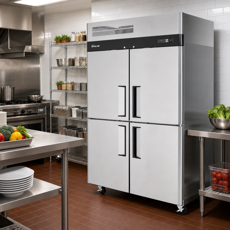 Product image #2 for Turbo Air M3 42.1 Cu. Ft. Two-Section Reach-In Refrigerator with 4 Half-Hinged Solid Doors, Top Mount Self-Contained