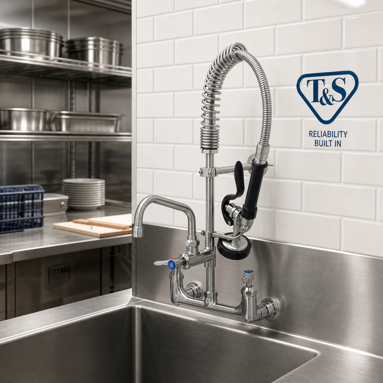 Product image #3 for T&S Brass 8-Inch Center Wall-Mount Mini Pre-Rinse Faucet with Add-On Faucet, 6-Inch Swing Nozzle, and 1.15 GPM Spray Valve
