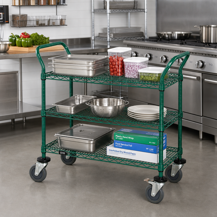Product image #2 for Quantum 48 Inch x 24 Inch 3-Shelf Wire Utility Bus Cart, 1,200 lb. Capacity, Green Epoxy Antimicrobial Finish