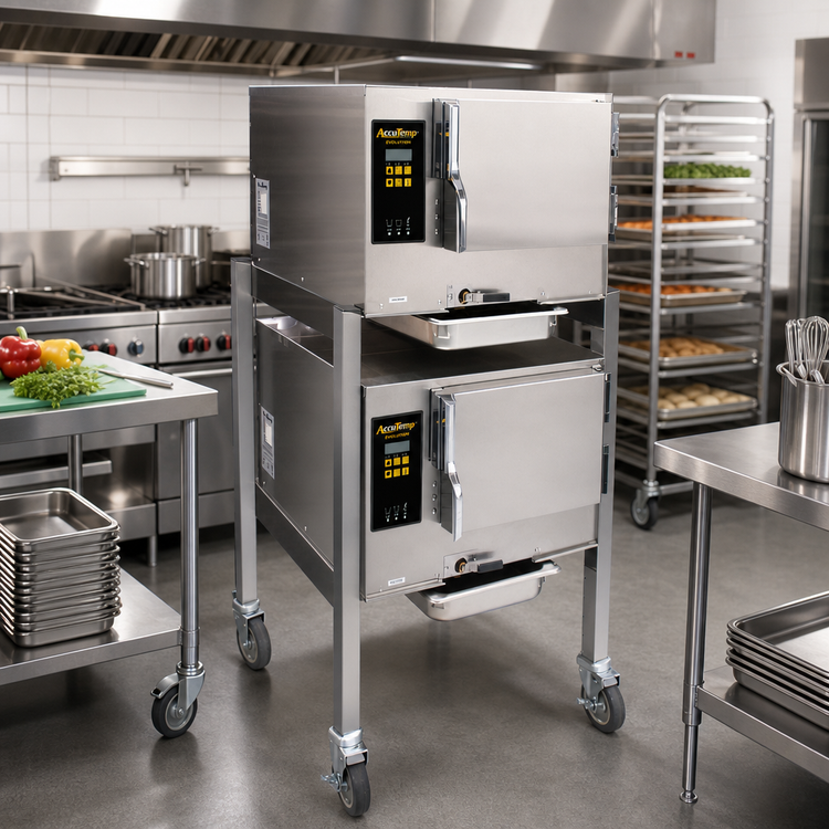 Product image #2 for AccuTemp Evolution Double-Stacked Connectionless Boilerless Electric Convection Steamer with Stand, 2 Compartments, 3-Pan Capacity Each, 208V