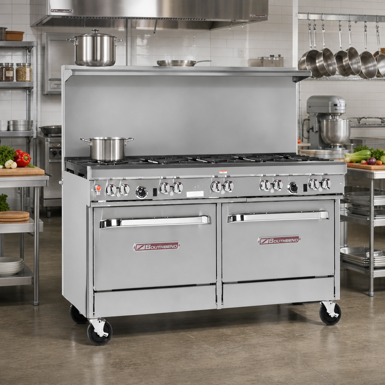 Product image #2 for Ultimate 60-Inch Gas Restaurant Range with 8 Open Burners, Convection Oven, Cabinet Base and Hi-Shelf