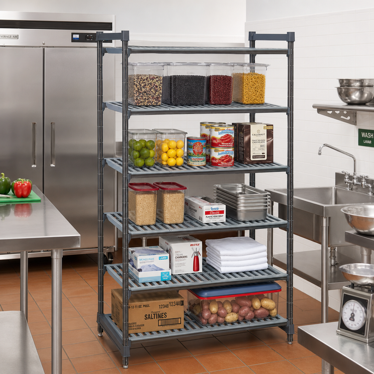 Product image #2 for Cambro Camshelving Basics Plus 5-Tier Stationary Starter Unit, 21 x 54 x 64 Inches, Vented Shelving, Brushed Graphite