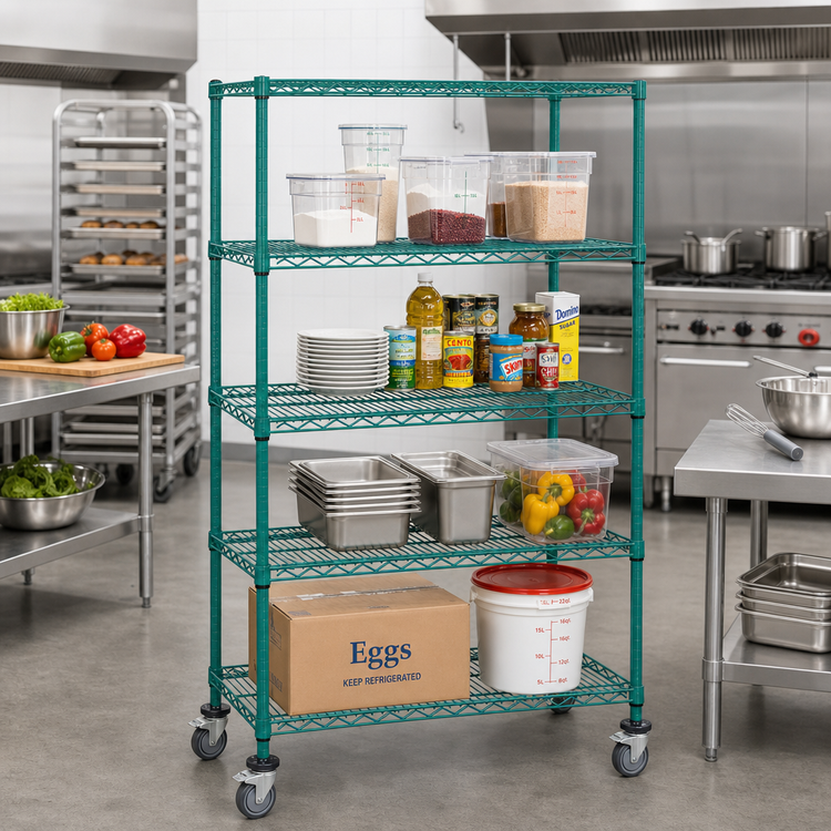 Product image #2 for Quantum Mobile Wire Shelving Cart, 60 x 24 x 80 Inches, 5 Shelves, Green Epoxy Coated