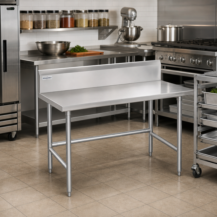 Product image #2 for Advance Tabco 48" x 24" 14-Gauge 304 Stainless Steel Work Table with 10" Backsplash and Galvanized Open Base