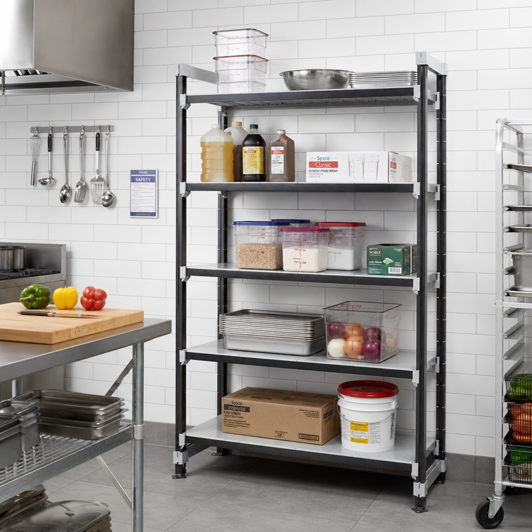 Product image #2 for Cambro Camshelving Elements XTRA High Density Top Rail Stationary Starter Unit, 18 x 48 x 81, 5-Tier, Speckled Gray