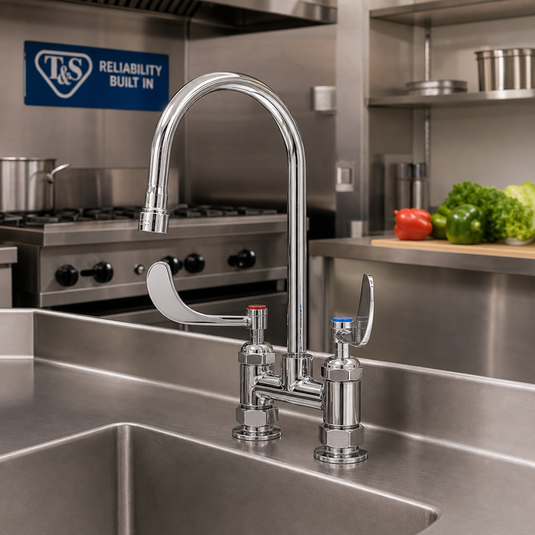 Product image #2 for T&S Brass B-0328-CR-VF05 Double-Handle Deck Mount Mixing Faucet with 6-Inch Gooseneck Spout
