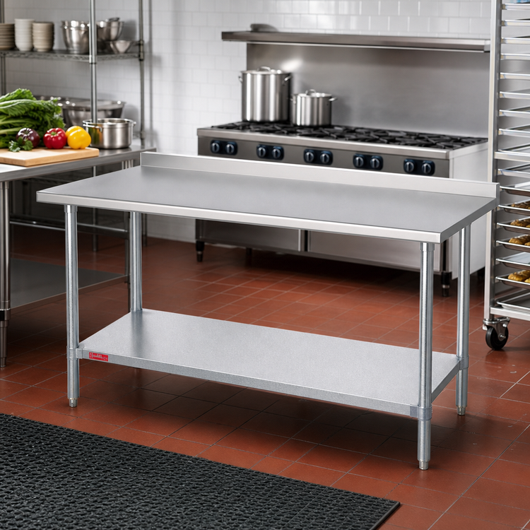Product image #2 for Duke 48-Inch x 30-Inch 16-Gauge Stainless Steel Work Table with 1-1/8-Inch Straight Riser and Galvanized Undershelf