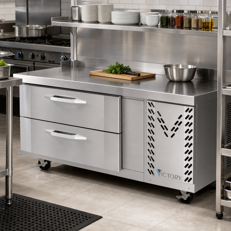 Product image #2 for Victory Refrigeration 48-Inch One-Section Chef Base Freezer with 2 Drawers, Stainless Steel Exterior, Self-Contained, Side-Mounted Refrigeration