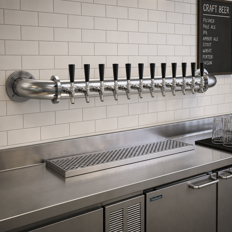 Product image #2 for Glastender 12-Faucet Pipe Wall Draft Dispensing Tower, Wall Mounted, Air Cooled, Stainless Steel