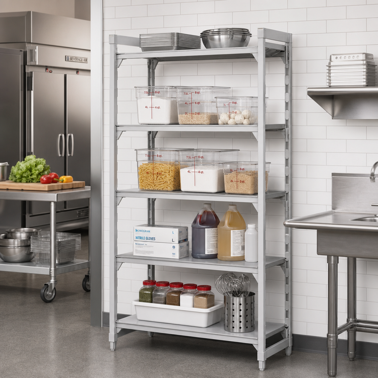 Product image #3 for Cambro Camshelving Premium 5-Shelf Solid Stationary Starter Unit, 18" W x 36" L x 84" H, Speckled Gray