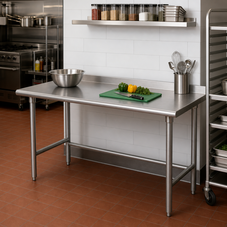Product image #2 for Advance Tabco 84-Inch x 24-Inch 16-Gauge 430 Stainless Steel Work Table with 1-1/2-Inch Rear Up-Turn and Galvanized Open Base