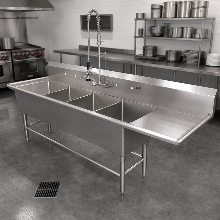 Product image #2 for John Boos Pro-Bowl 4-Compartment Sink with Right Drainboard, 30" x 24" Bowls, 14-Gauge Stainless Steel
