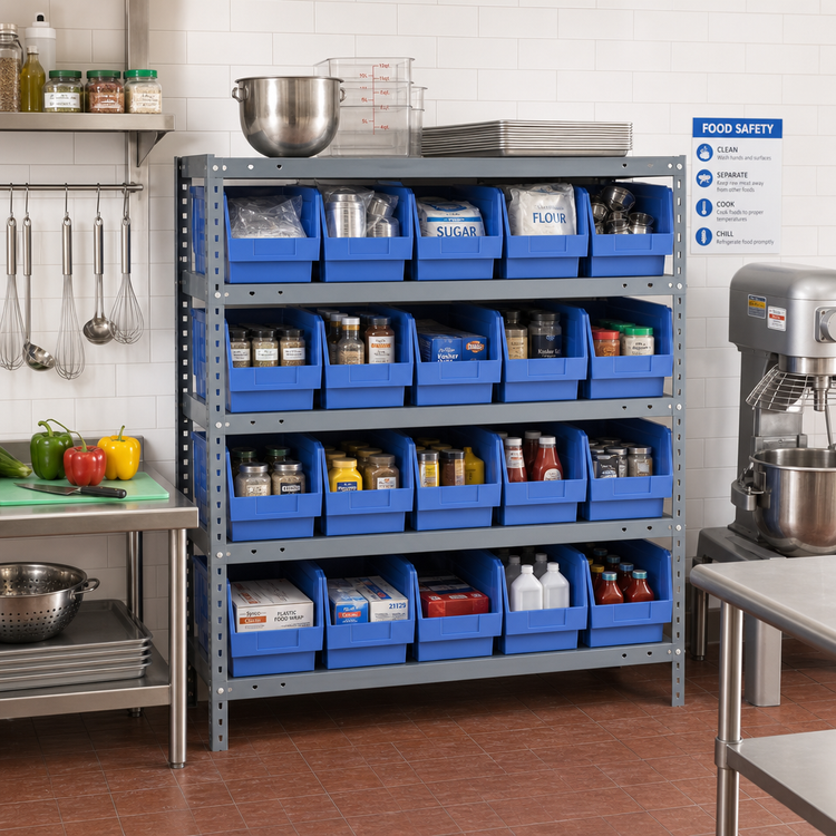 Product image #2 for Quantum Heavy-Duty Stationary Wire Shelving Unit with 5 Shelves and Included Bins, 36 x 12 x 39 Inches